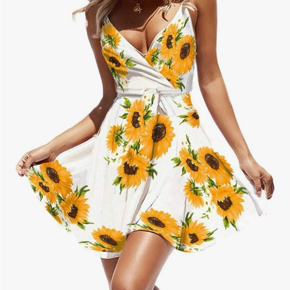Sunflower Print Wrap Dress